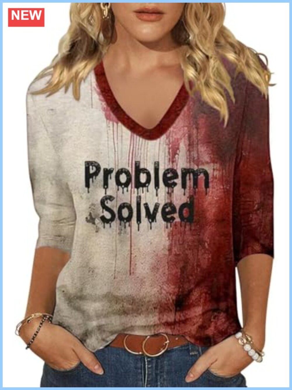 Womens 3/4 Sleeve V Neck Halloween Graphic T-Shirt Fall Cotton Blend Tee